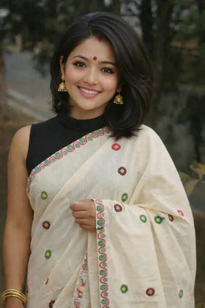 White Eri silk  sador, handloom/ handspun with coton motif