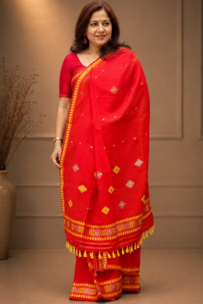 Red Cotton Mekhela sador with silver jari
