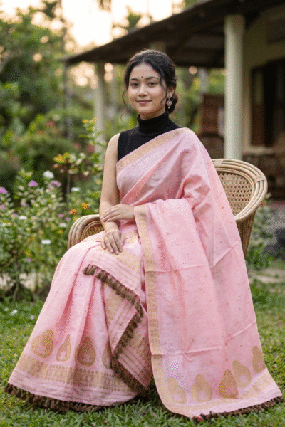 Baby pink dyed toss mekhela sador