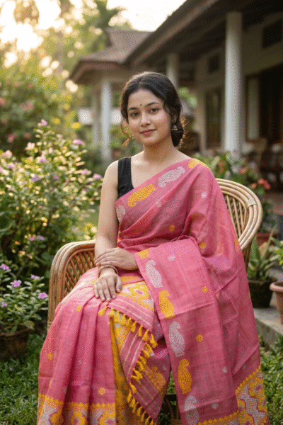 Pink colour dyed toss mekhela sador