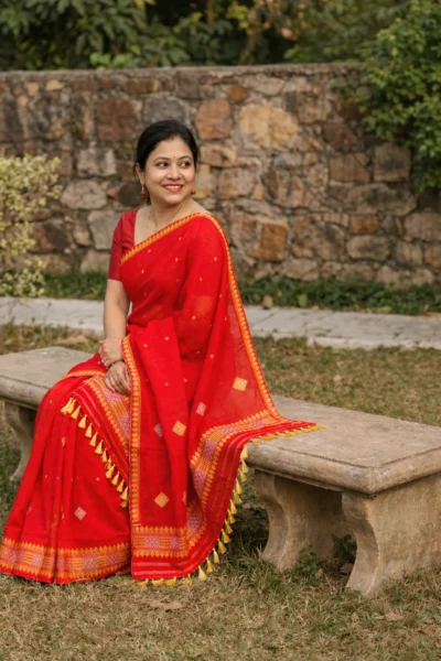 Red Cotton Mekhela sador with silver jari