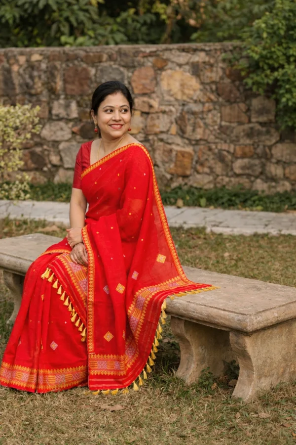 Red Cotton Mekhela sador with silver jari